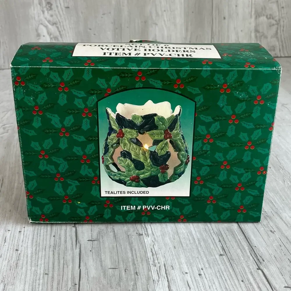 Vintage Porcelain Christmas Tealight/Votive Candle Holder Holly Berries Leaves